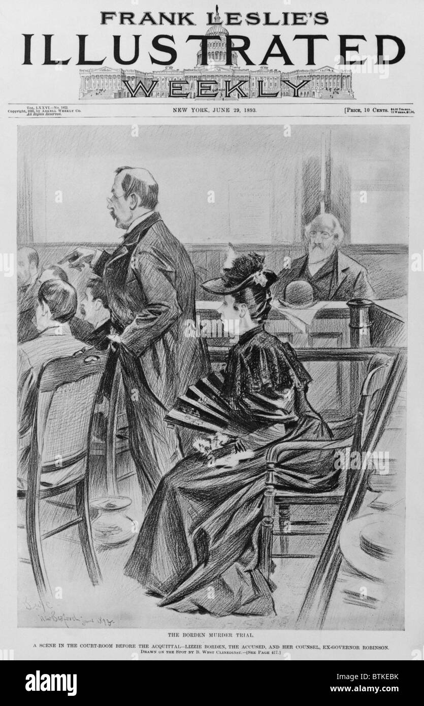 Lizzie Borden, en procès pour le meurtre de son ax belle-mère et père en 1893. Son avocat, Ex-Governor George Robinson, a contesté la preuve indirecte et elle a été acquitté. Borden a été joué par Elizabeth Montgomery dans la LÉGENDE DE Lizzie Borden, 1975. Banque D'Images