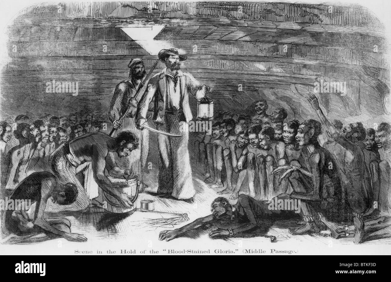 Scène dans l'attente de la Gloria, Label FSC montre un marin marcher parmi les captifs africains dans la soute de l'navire négrier. Dans le livre, les révélations d'un trafiquant d'ESCLAVES, publié en 1860, a prétendu être une autobiographie du capitaine Richard Drake, qui décrit les horreurs de la traite négrière illégale. Banque D'Images