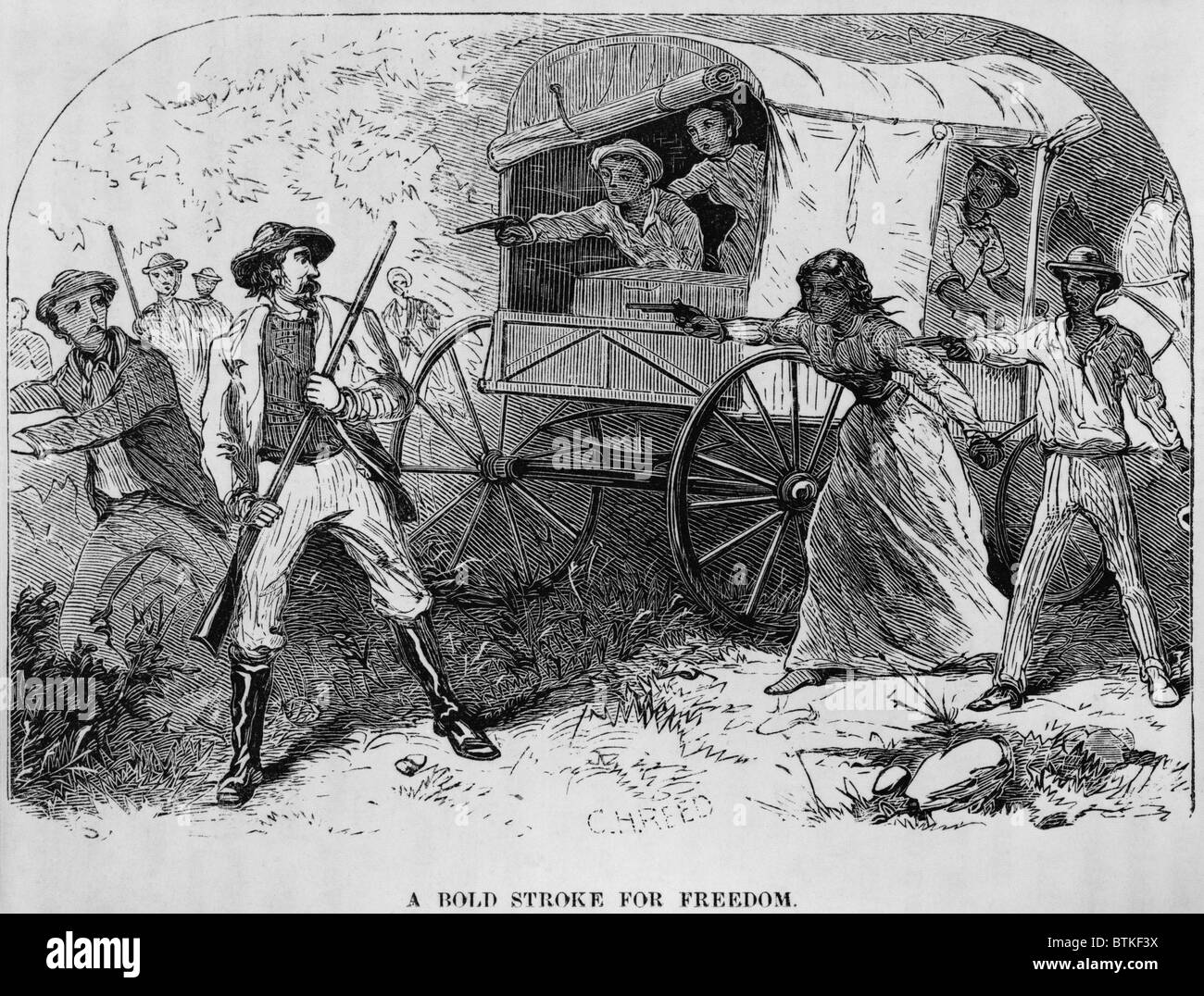 La famille de l'esclave fugitif armé, se défendre contre les chasseurs d'esclaves de l'histoire, William encore UNDERGROUND RAILROAD (1872). Toujours est le premier Afro-américain historien de l'Underground Railroad. Banque D'Images