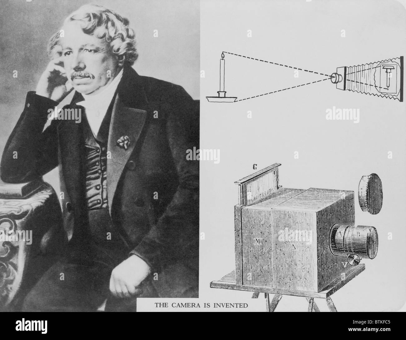 Louis Daguerre (1787-1851), avec une illustration de l'appareil photo qu'il a inventé. Ca. 1840. Banque D'Images