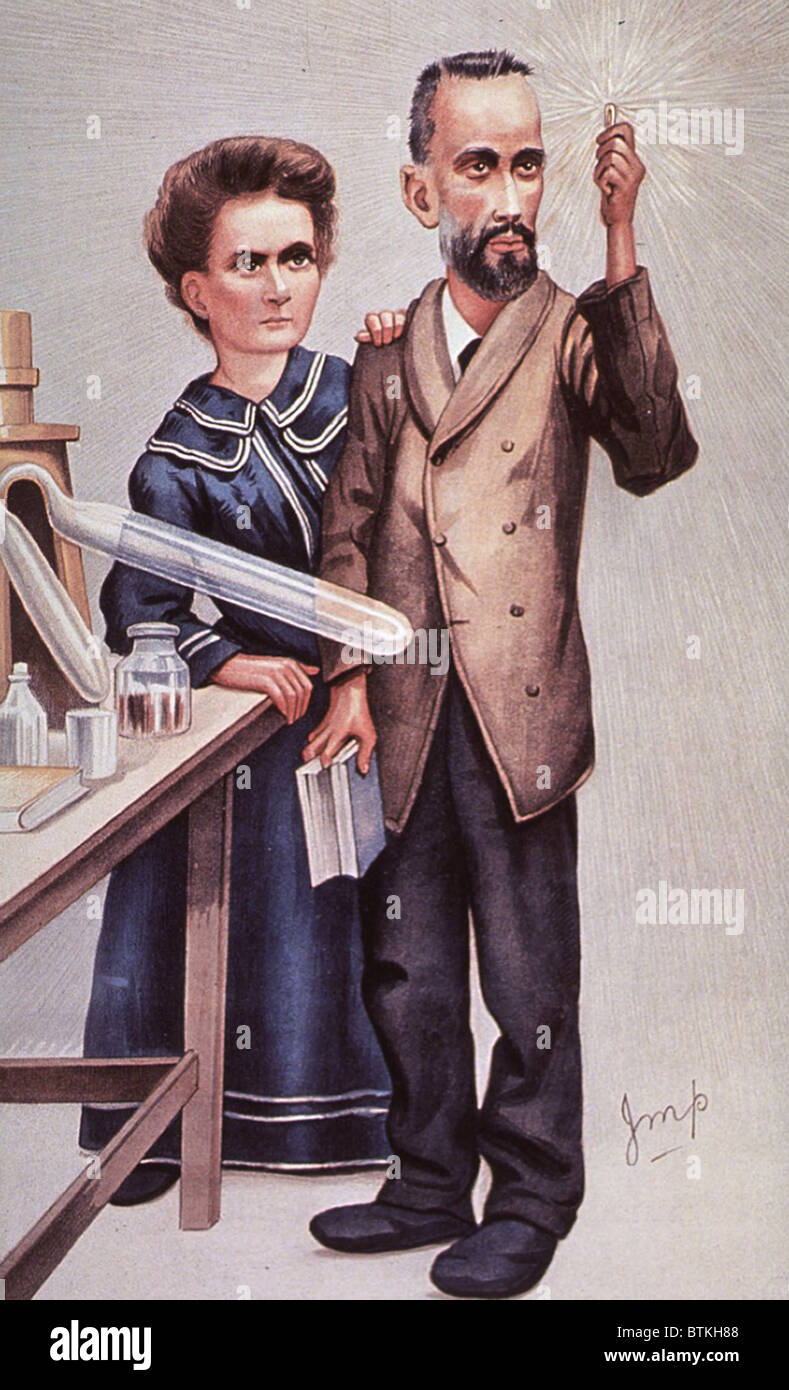 Caricature de Pierre et Marie Sklodowska Curie, qui a découvert le radium et le polonium. Ca. 1900. Banque D'Images