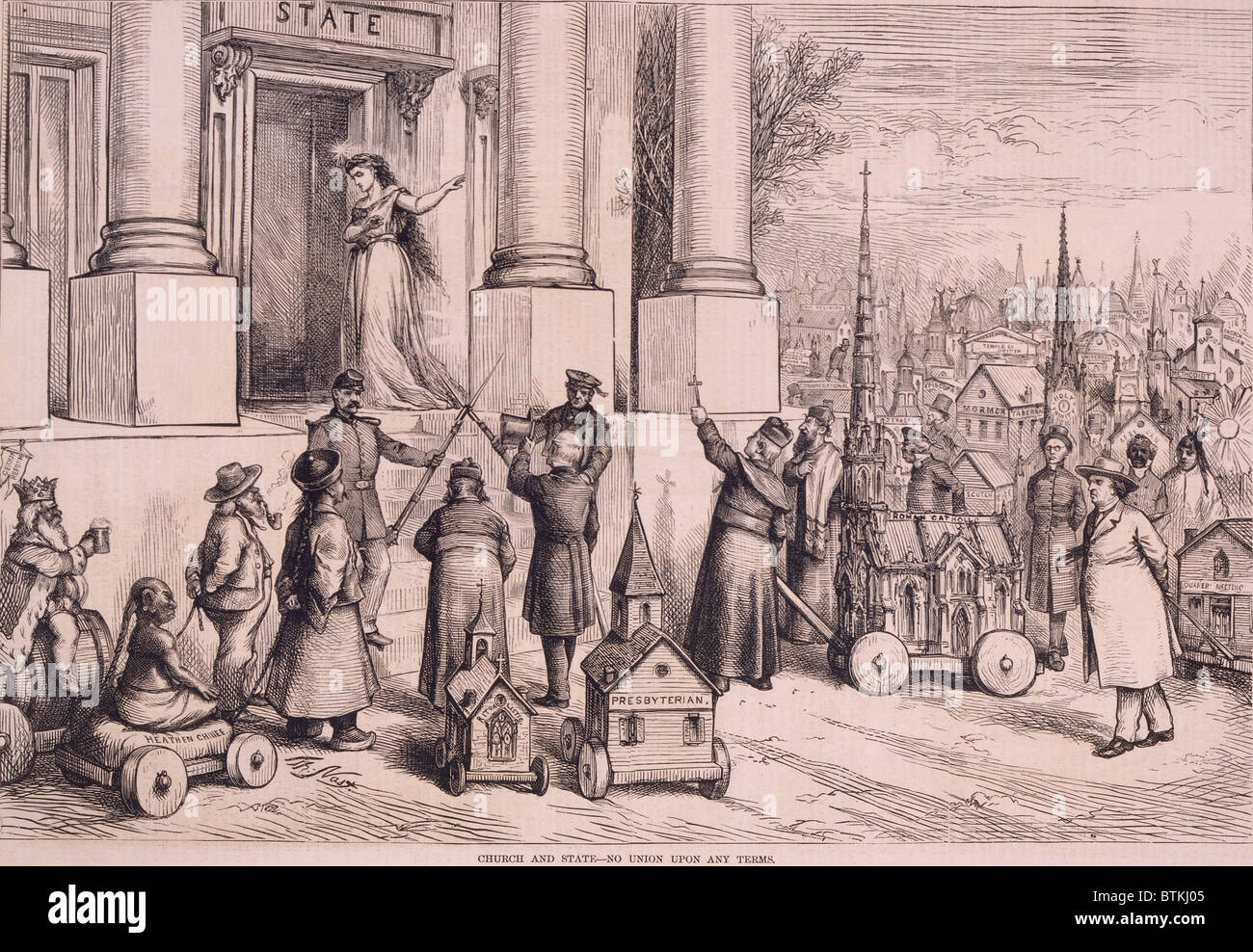 Caricature politique, le droit, l'ÉGLISE ET L'ÉTAT-pas de syndicat sur les modalités de paiement, par Thomas Nast, montre une femme symbolique, rejetant et soldats de multiples religions, blocage de la porte du bâtiment "état". Banque D'Images