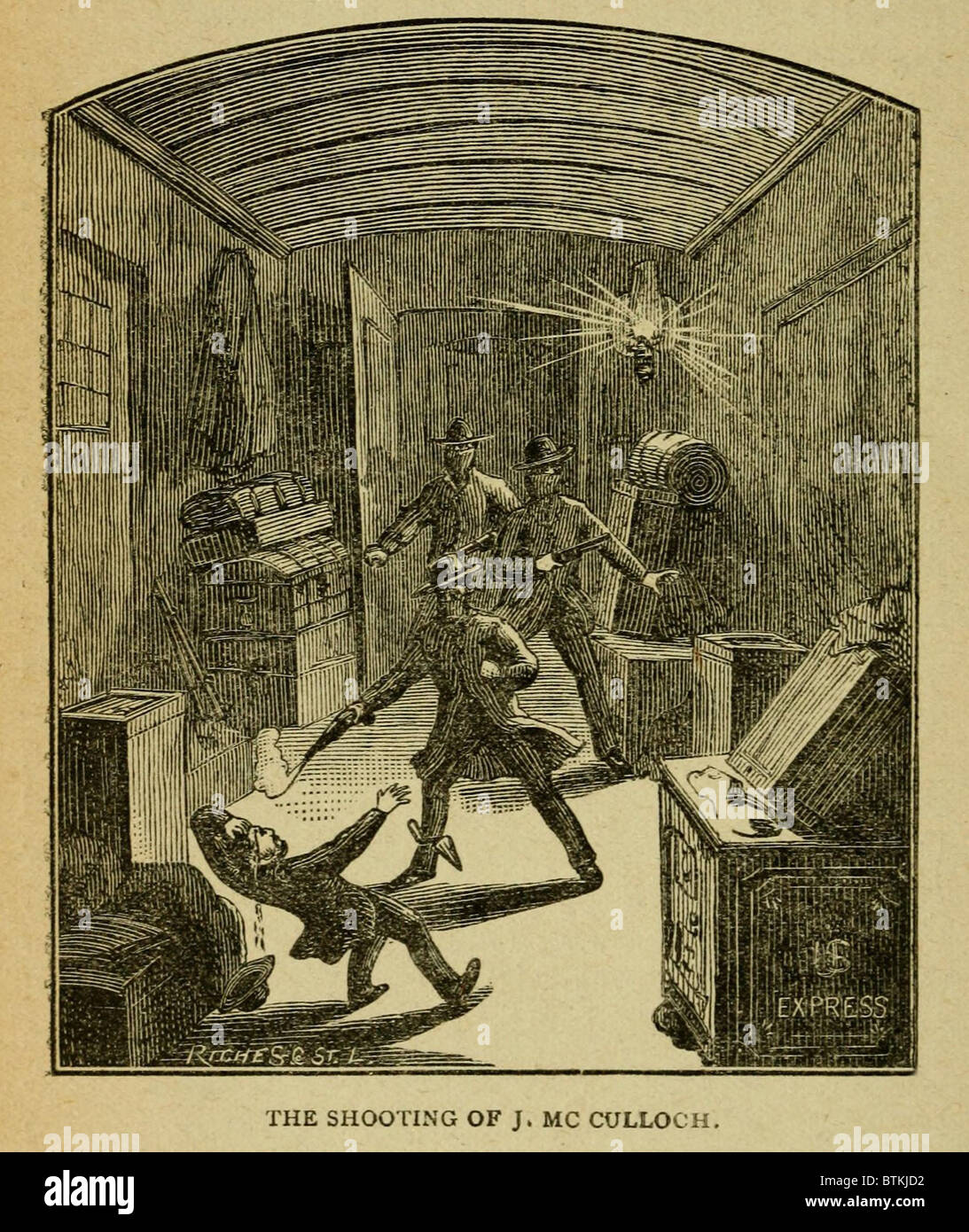 Voleurs masqués non identifiés, soupçonnée d'être le James gang, volé un train de voyageurs à Winston, New York le 15 juillet 1881. Ils ont tué un deuxième homme dans le fourgon avant qu'ils ne s'en est sorti avec 10 000 $ en billets et des pièces. En réponse, le gouverneur du Missouri a placé une récompense de 55 000 $ pour la piste. Banque D'Images