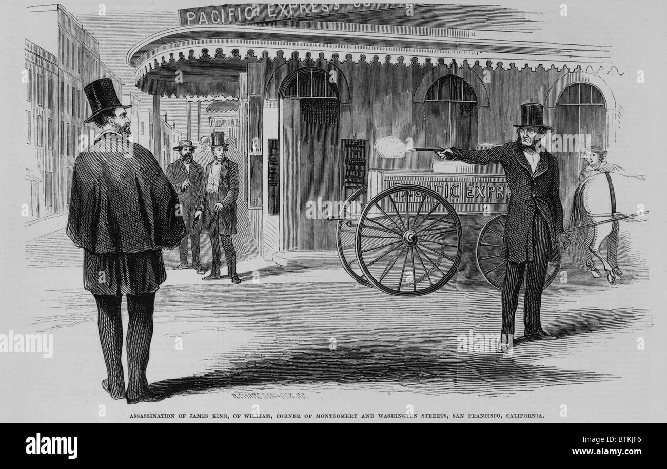 Assassinat de James King, éditeur de journal et ancien membre du premier comité de vigilance de San Francisco (formé et dissous en 1851), par James P. Casey. Son meurtre a amené la création d'un deuxième comité de vigilance en 1856. Banque D'Images