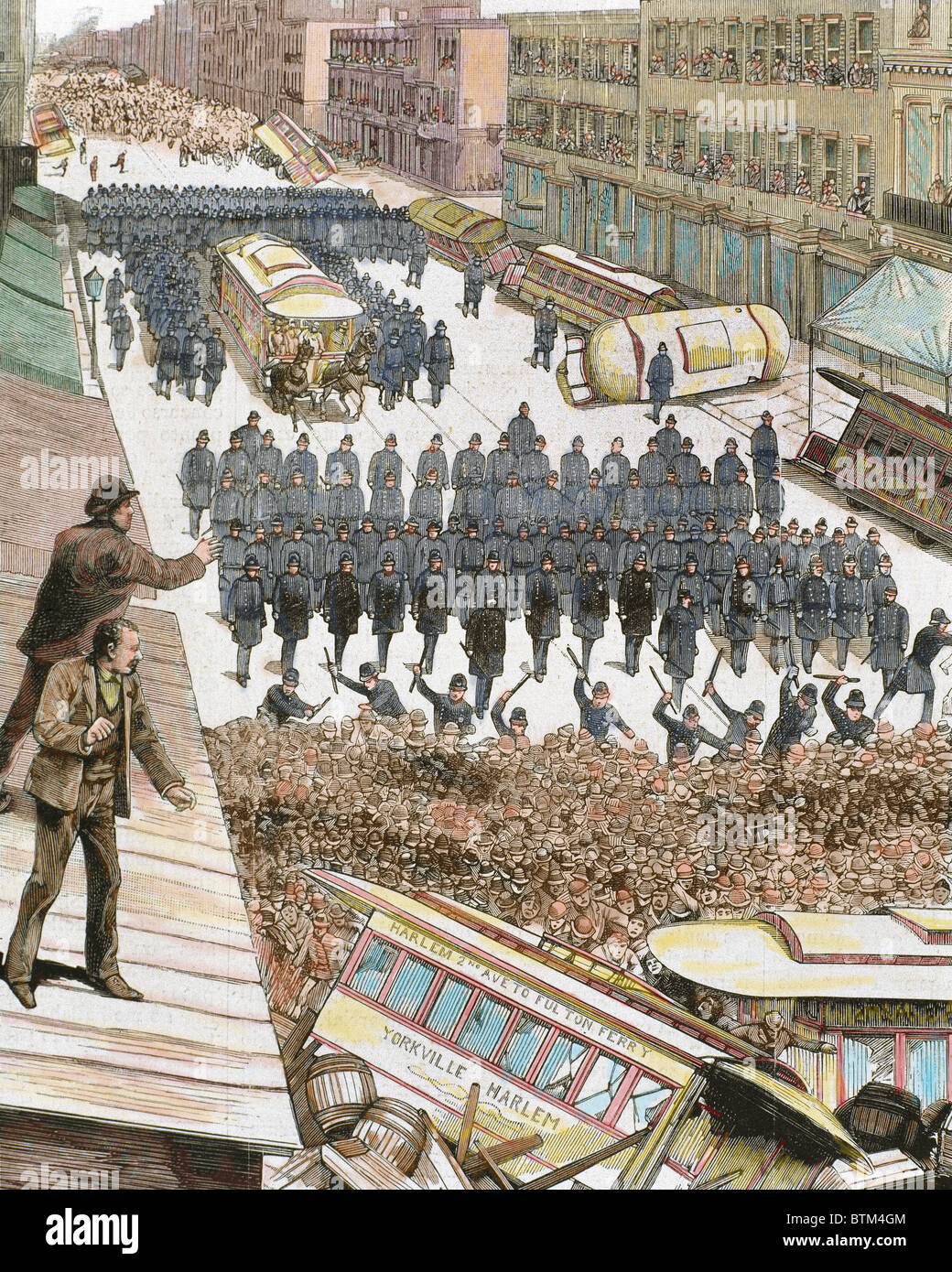 Les agents de police dispersant la grève des employés du tramway à New York, le 4 mars 1886. Gravure en couleur. Banque D'Images