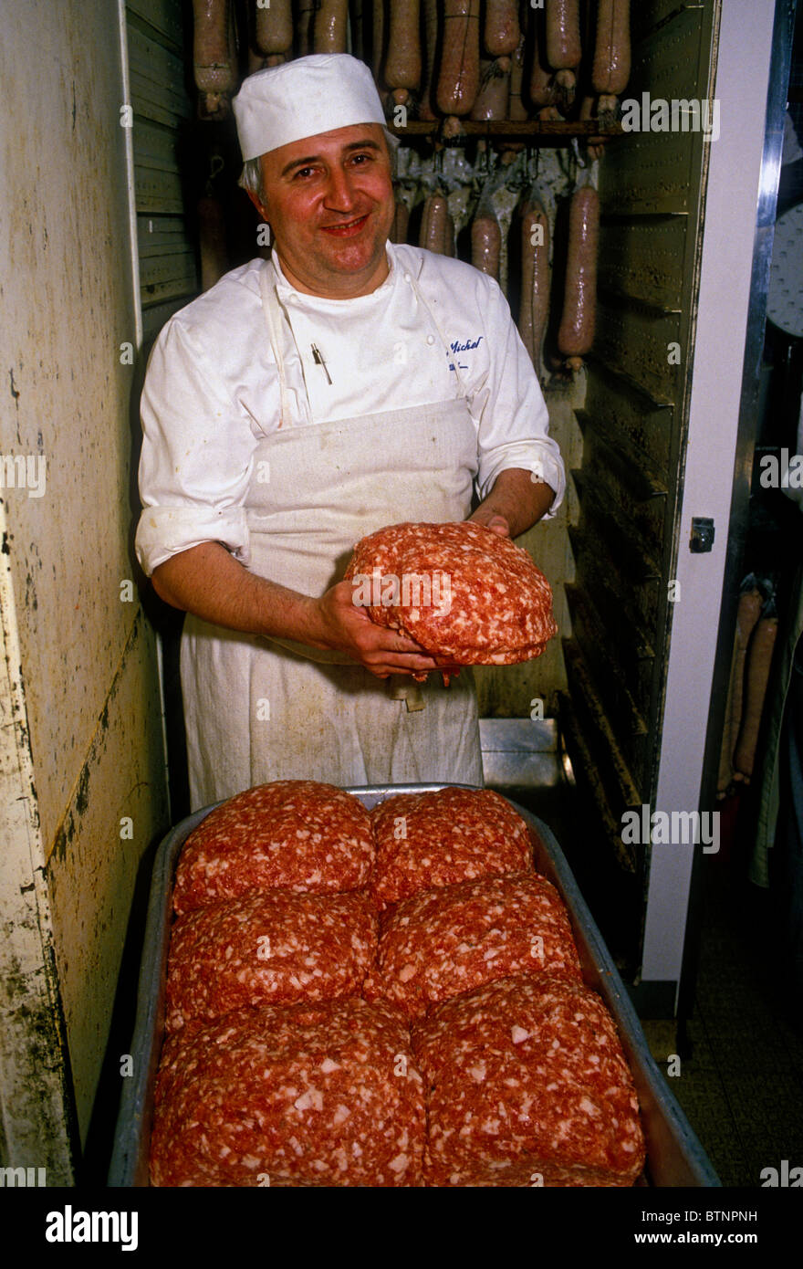 Michel Latour, rez-de saucisse de porc, saucisse bouilloire, charcuterie de Latour, ville de Lyon, Rhône-Alpes, France Banque D'Images