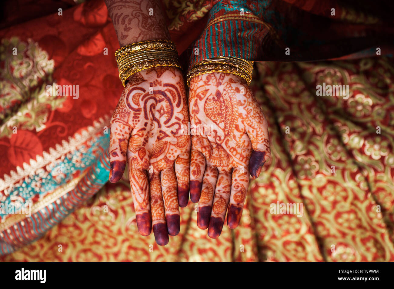 Indian girl wearing silk sari traditionnel au henné les mains. L'Inde Banque D'Images