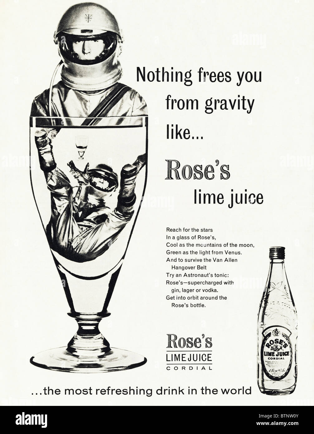 Annonce dans le magazine anglais vers 1963 pour Rose's jus de lime cordial Banque D'Images