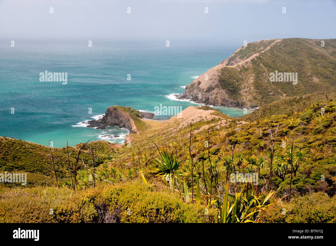 Phare du cap Reinga ,,Cape Maria Van Dieman, spiritueux,Te Werahi Bay Beach Île Motuopao, North Island, New Zealand Banque D'Images