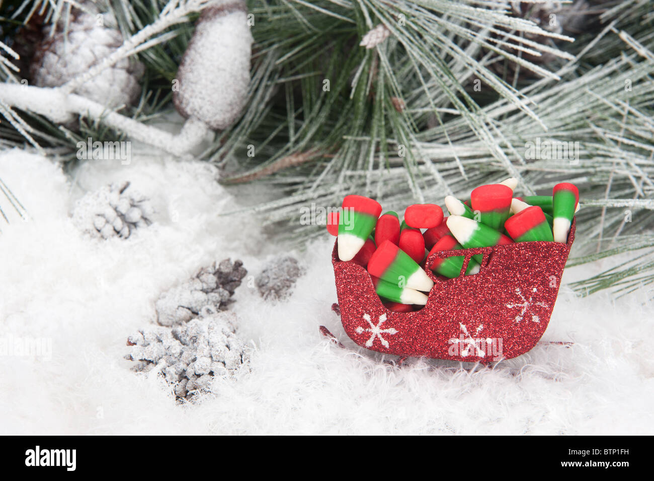 Portrait d'un traîneau de Noël rempli de maïs bonbons colorés maison de vacances situé dans un arbre de pin, de neige fond. Banque D'Images