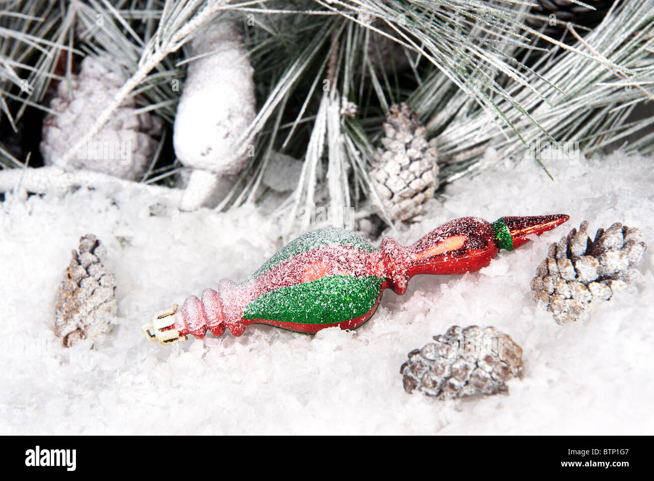 La glace d'un ornement de Noël se trouve dans le froid, le blanc, la neige nature sauvage. Banque D'Images