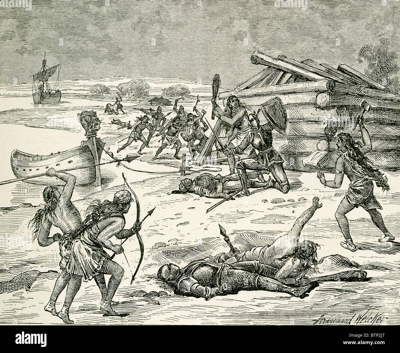 Persuadé par frère Leif Ericson de venir au Groenland, Thorvald et n'a été tué par les indigènes. Banque D'Images
