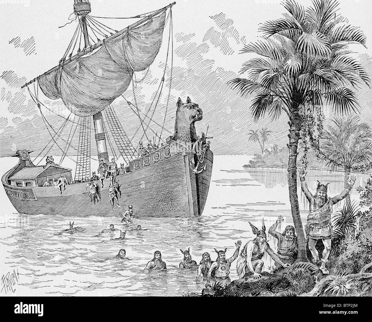 Le chef viking Erik le Rouge, avec son bateau et les hommes, de la terre sur le Groenland au 10ème siècle A.D. Banque D'Images