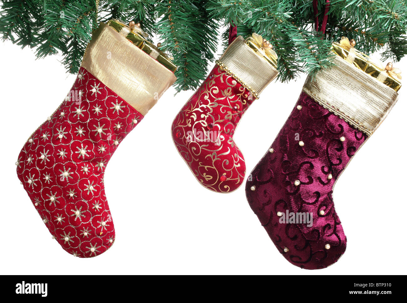 Noël vert avec la direction générale de l'épinette qui pèsent sur fond blanc. Banque D'Images