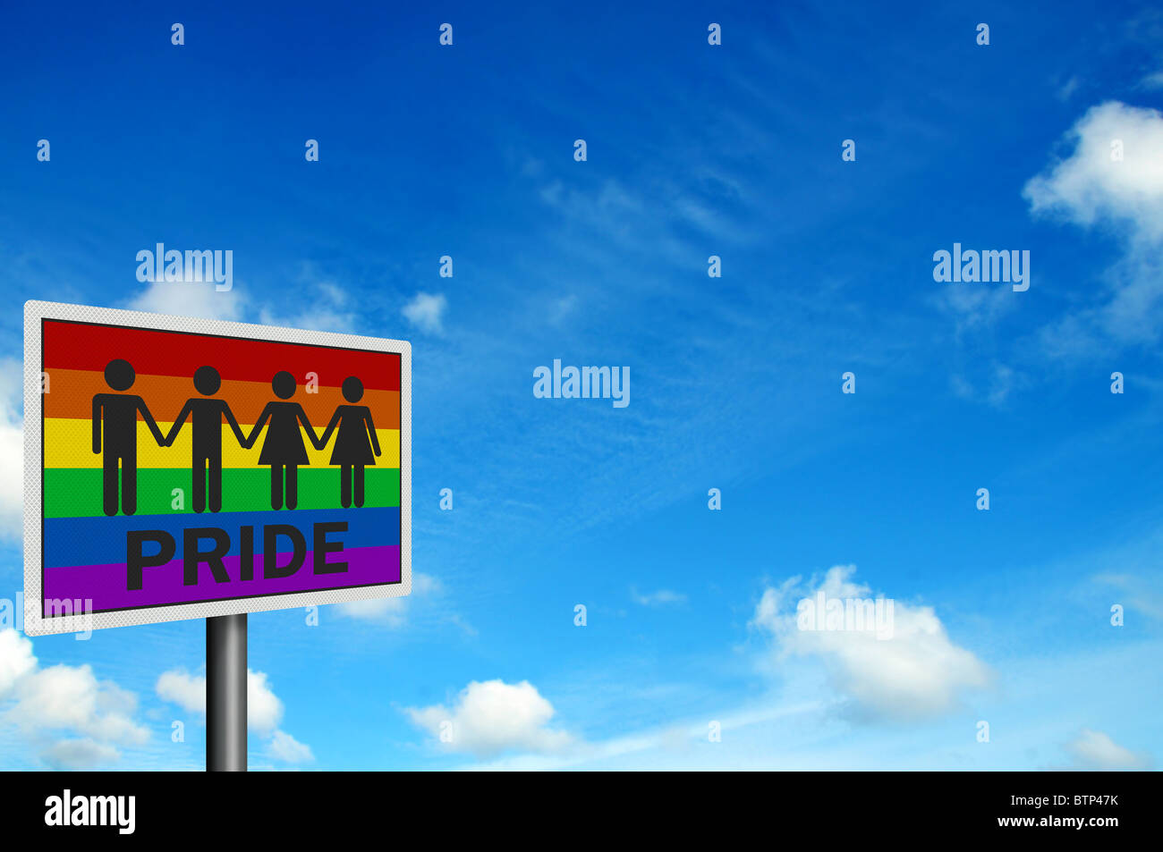 'Gay Pride' - signe photo réaliste contre ciel bleu, avec l'espace pour votre texte / fond éditorial Banque D'Images