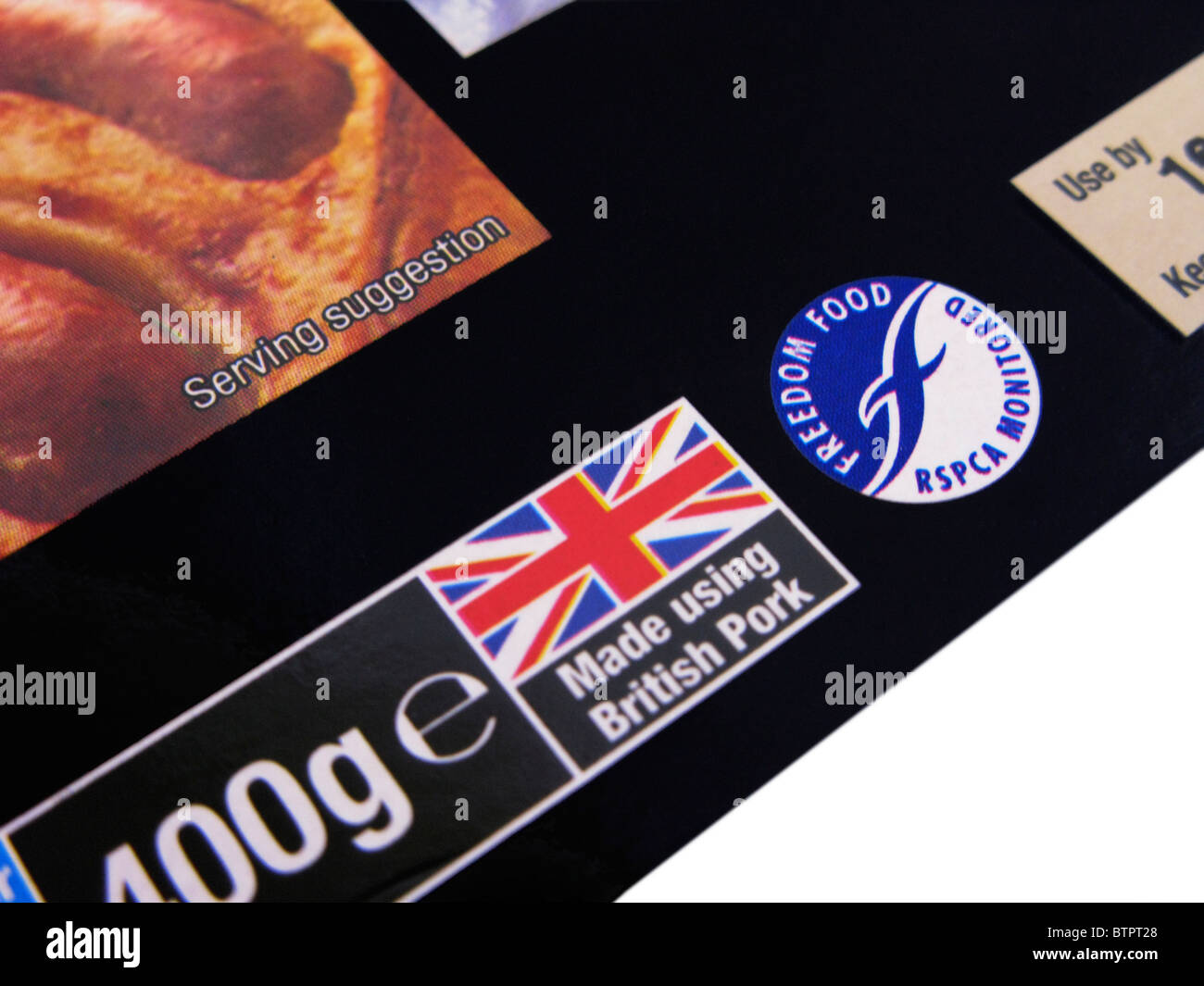 Logos de la RSPCA freedom food & l'association surveillés British Union Jack sur un paquet de farine de commodité Banque D'Images