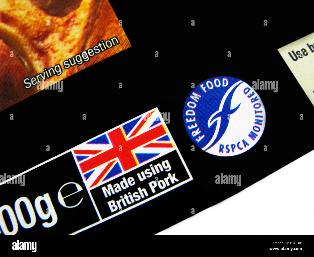 Logos de la RSPCA freedom food & l'association surveillés British Union Jack sur un paquet de farine de commodité Banque D'Images
