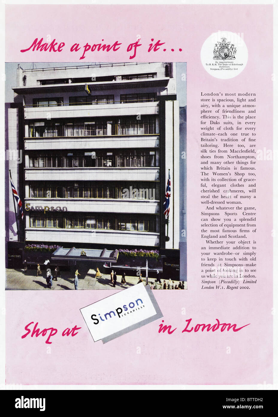 Publicité pleine page dans le magazine anglais vers 1960 pour Simpson department store de Piccadilly Londres par nomination royale Banque D'Images