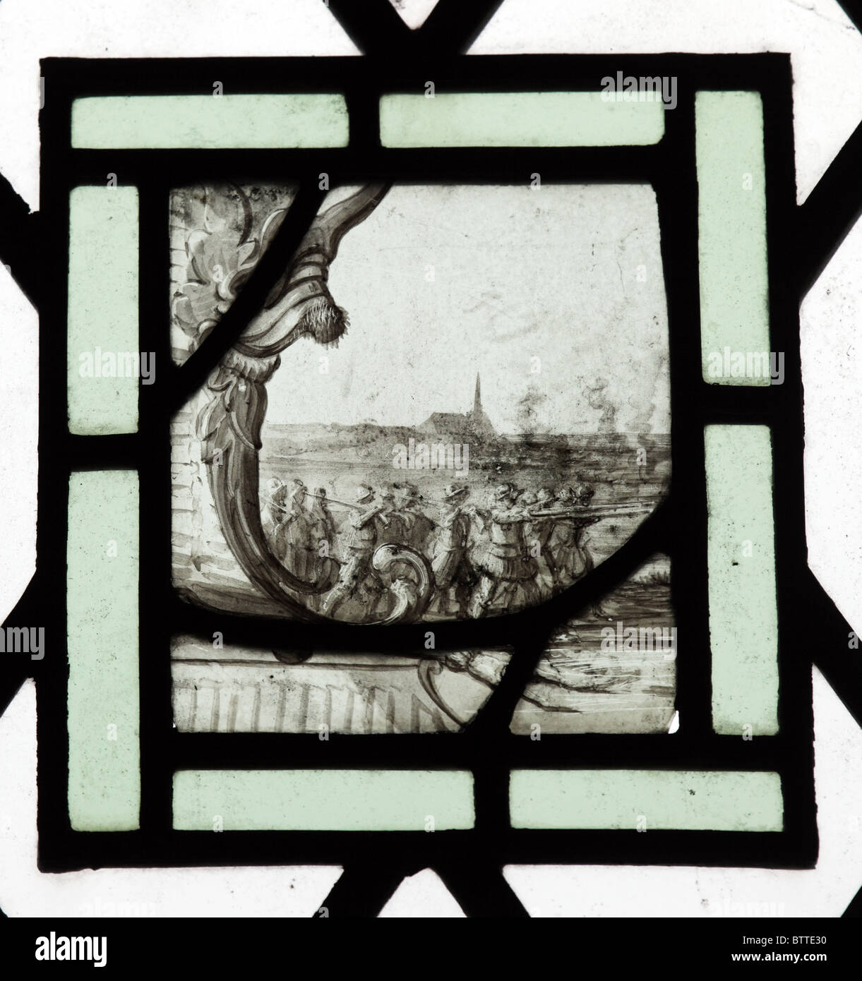 Un vitrail illustrant les troupes néerlandaises dans la bataille, École flamande, xviie siècle, Teffont Evias - Église, Wiltshire, Angleterre Banque D'Images