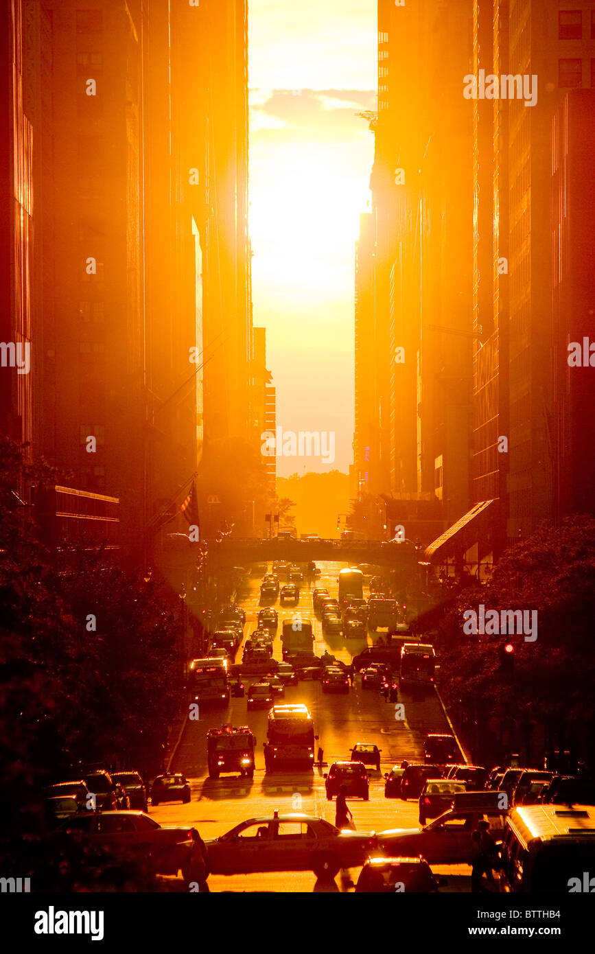 Vue du coucher de la 42e rue en été, la ville de New York. Banque D'Images