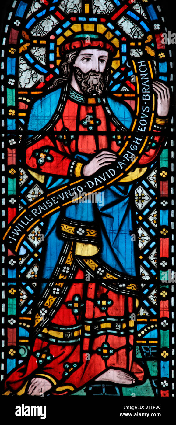 Un vitrail d'Alexander Gibbs (1867) représentant l'ancien prophète du Témoia Jeremiah, église Saint-Pierre et Saint-Paul, Heytesbury, Wiltshire Banque D'Images