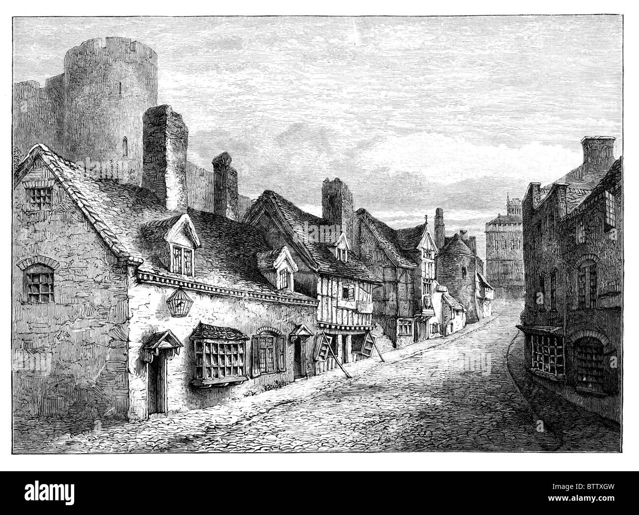 Porte du château de Shrewsbury, Shropshire, tel qu'il aurait pu être publié au 19e siècle. Illustration noir et blanc ; Banque D'Images