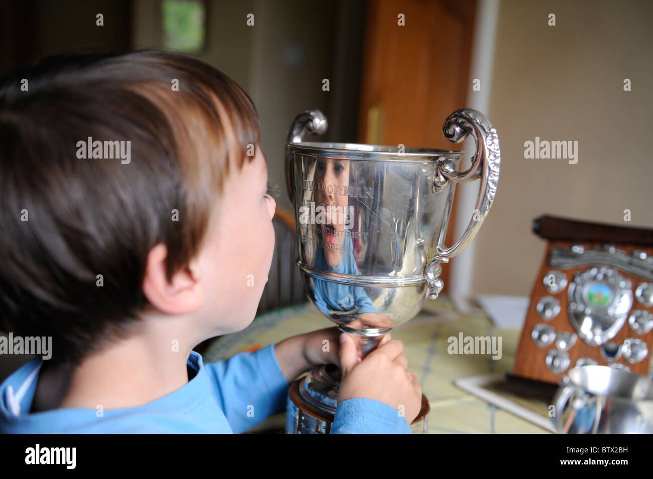 Petit garçon regardant son granddads trophées de cricket d'argent Banque D'Images