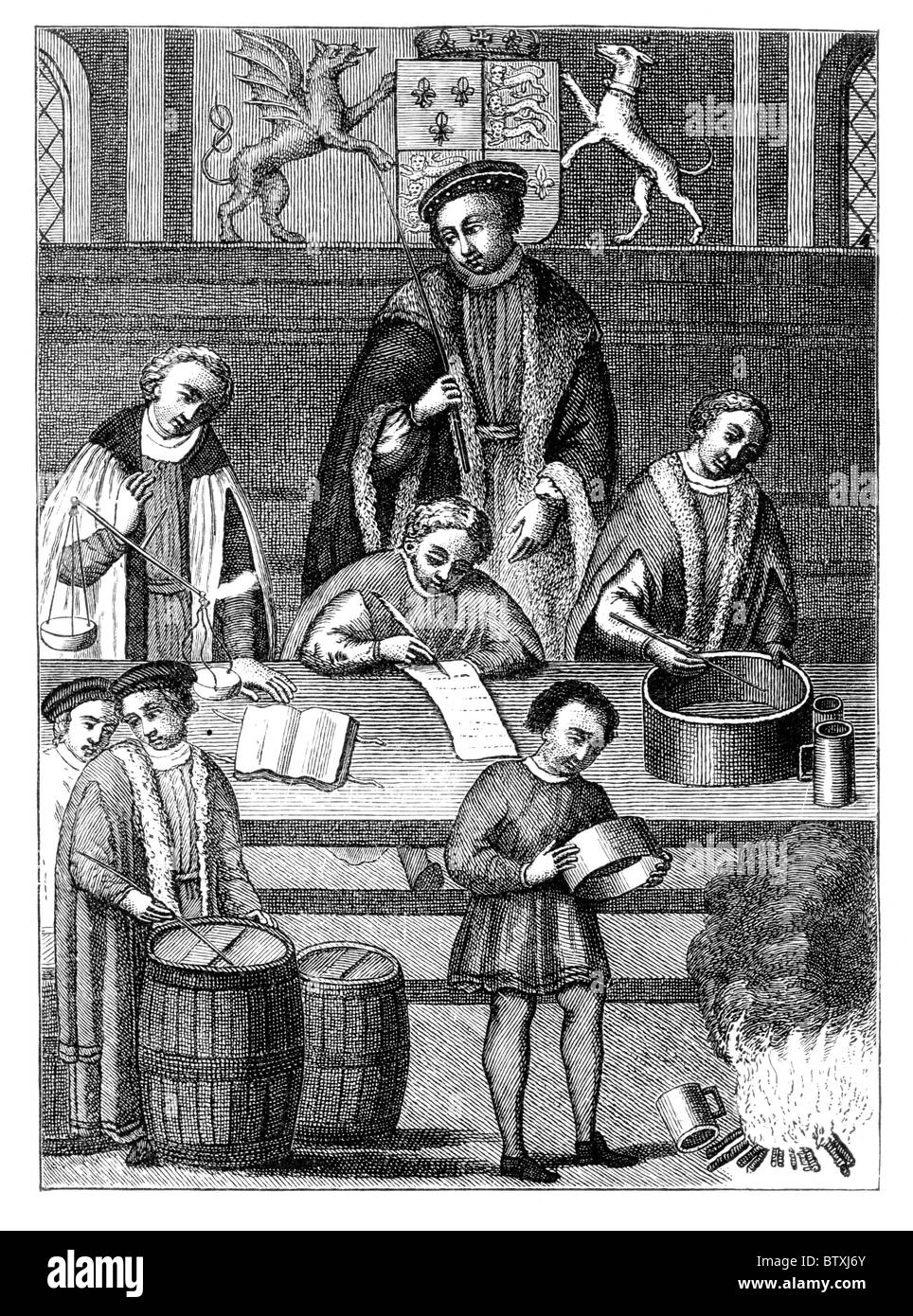 Procès des poids et mesures à l'Échiquier, 1497 ; noir et blanc Illustration ; Banque D'Images