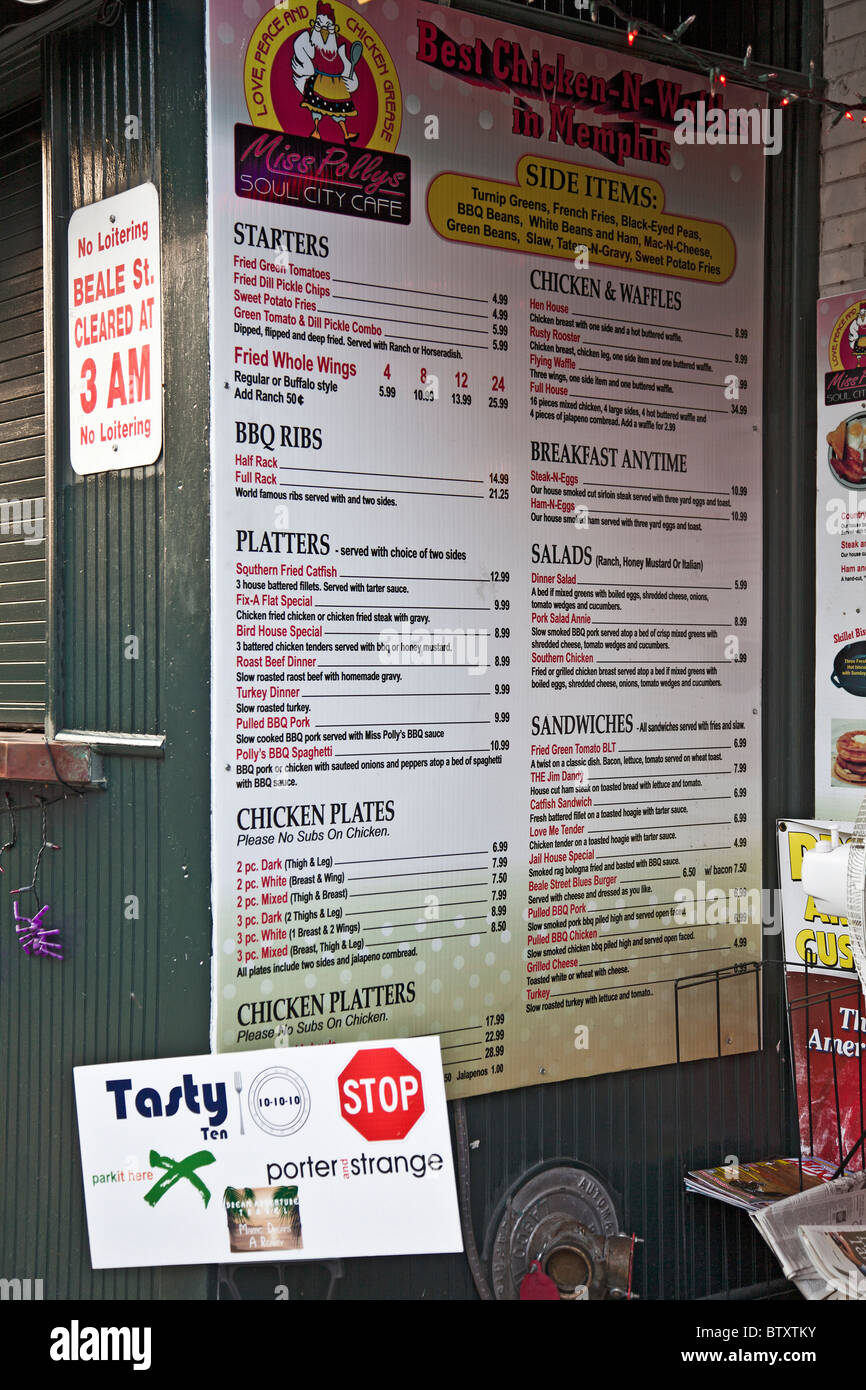 En dehors du menu Mlle Polly's Soul City Cafe : sur Beale Street, Memphis, Tennessee, États-Unis Banque D'Images