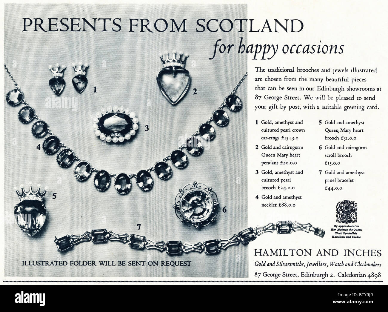 Publicité dans le magazine anglais vers 1960 de Hamilton et pouces joailliers de Édimbourg par nomination royale Banque D'Images