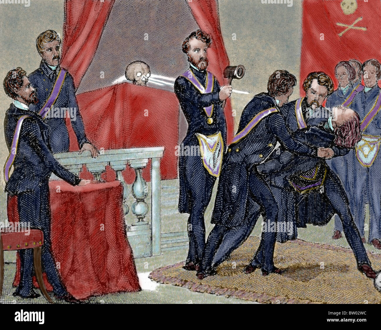Les Sociétés Secrètes (xixe siècle). Cérémonie d'initiation d'un nouveau membre. Gravure en couleur. Banque D'Images