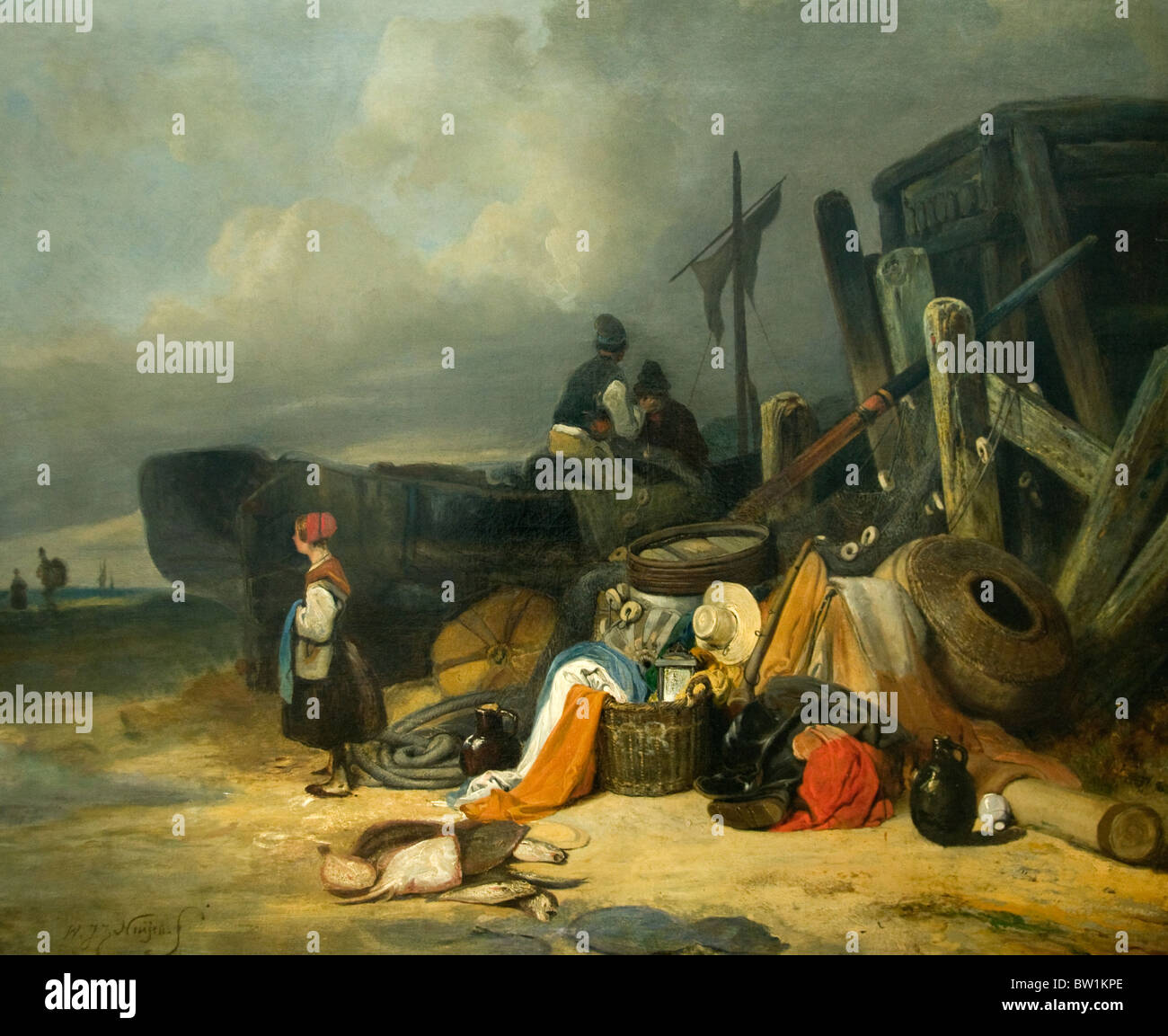 Pays-Bas peinture Wijnand Nuijen 1813-1839 bateau de pêche sur la plage 1833 Banque D'Images