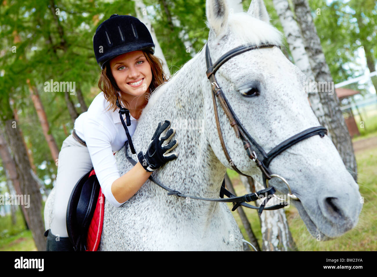 Image femme jockey cheval de race sur l'extérieur Banque D'Images