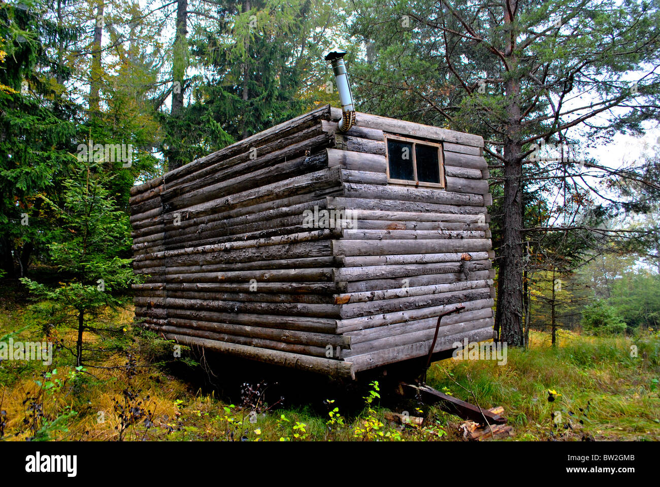 Maison de campagne dans la prairie avec le fond en bois Banque D'Images