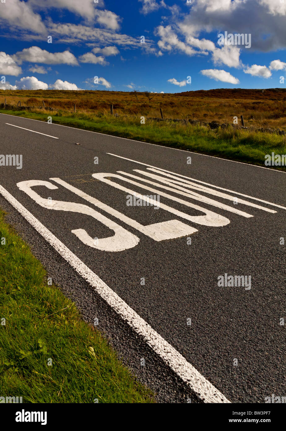 Lent sign painted on country road au Royaume-Uni pour avertir les automobilistes de ralentir Banque D'Images