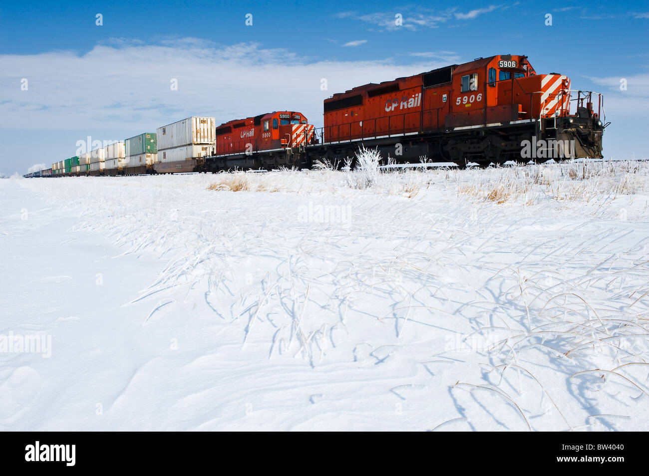 Les wagons transportant des conteneurs près de Winnipeg, Manitoba, Canada Banque D'Images