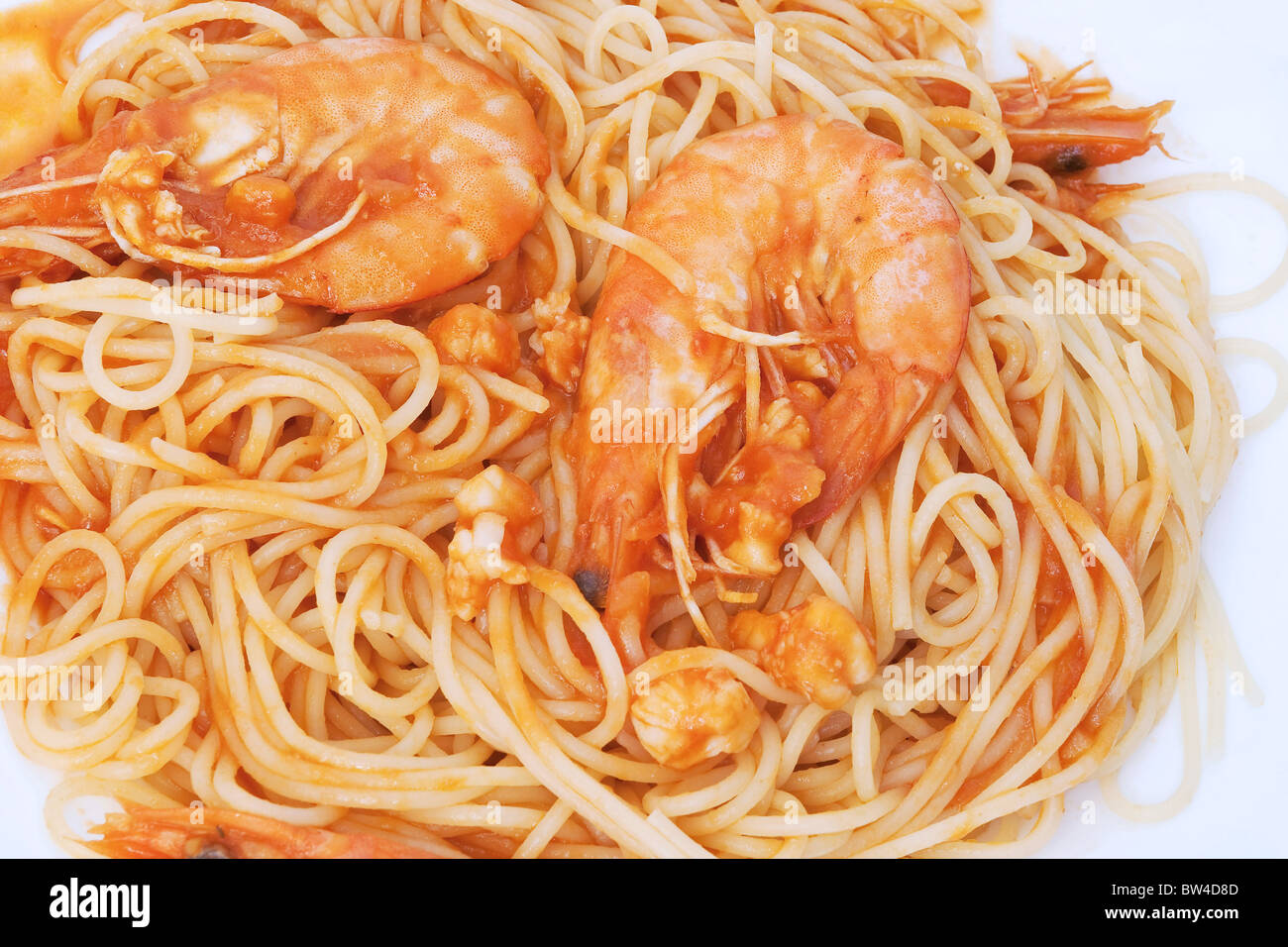 Détail de spaghetti aux crevettes et sauce tomate isolé sur fond blanc Banque D'Images