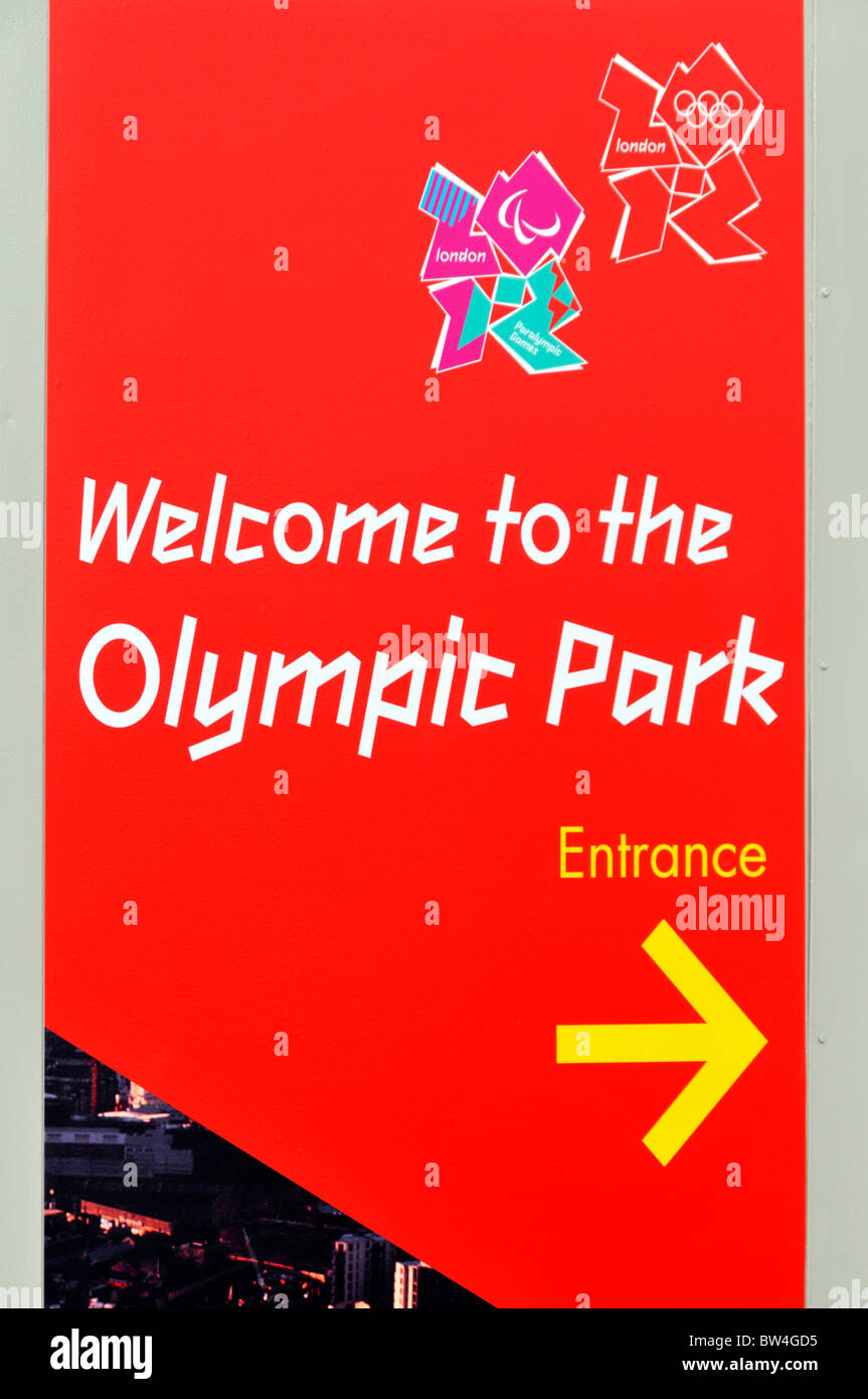 Bienvenue sur le Parc Olympique signe pour les visiteurs de l'édifice construction site pour jeux olympiques de 2012 à Londres Stratford Newham East London England UK Banque D'Images