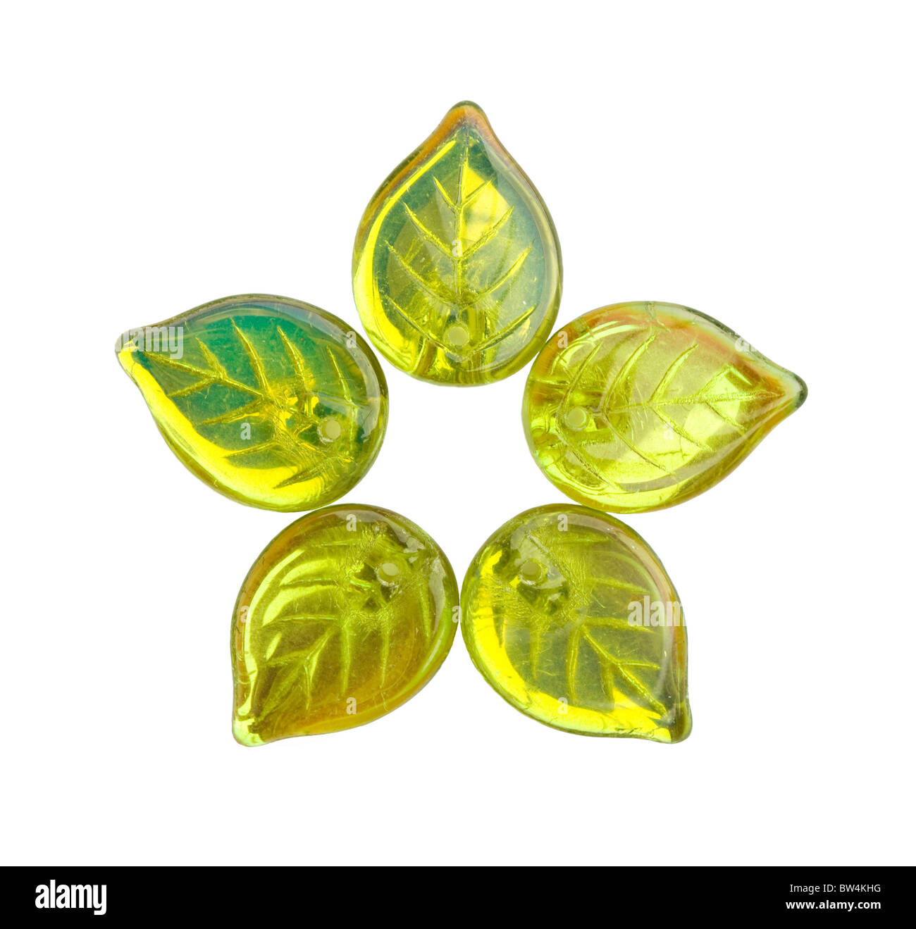 Cercle de feuilles en verre de couleur verte sur fond blanc. Banque D'Images