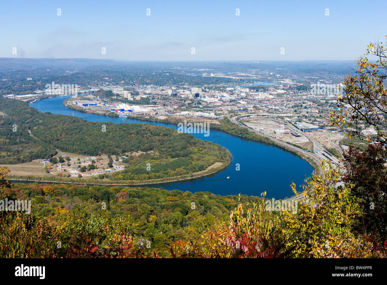 Vue vers la rivière Tennessee Chattanooga et de Point Park, Lookout Mountain, Chattanooga, Tennessee, États-Unis Banque D'Images