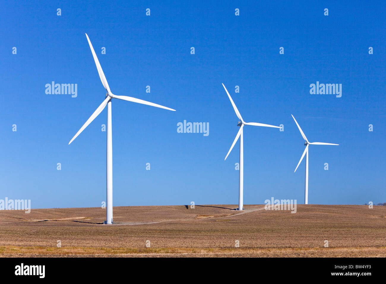 Les moulins à vent des Prairies à un parc éolien près de St., Manitoba, Canada. Banque D'Images
