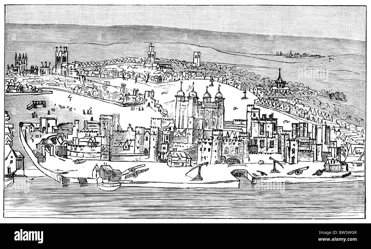 La Tour de Londres ; Dessin par Anthony van Wyngaerde circa 1543 ; noir et blanc Illustration ; Banque D'Images