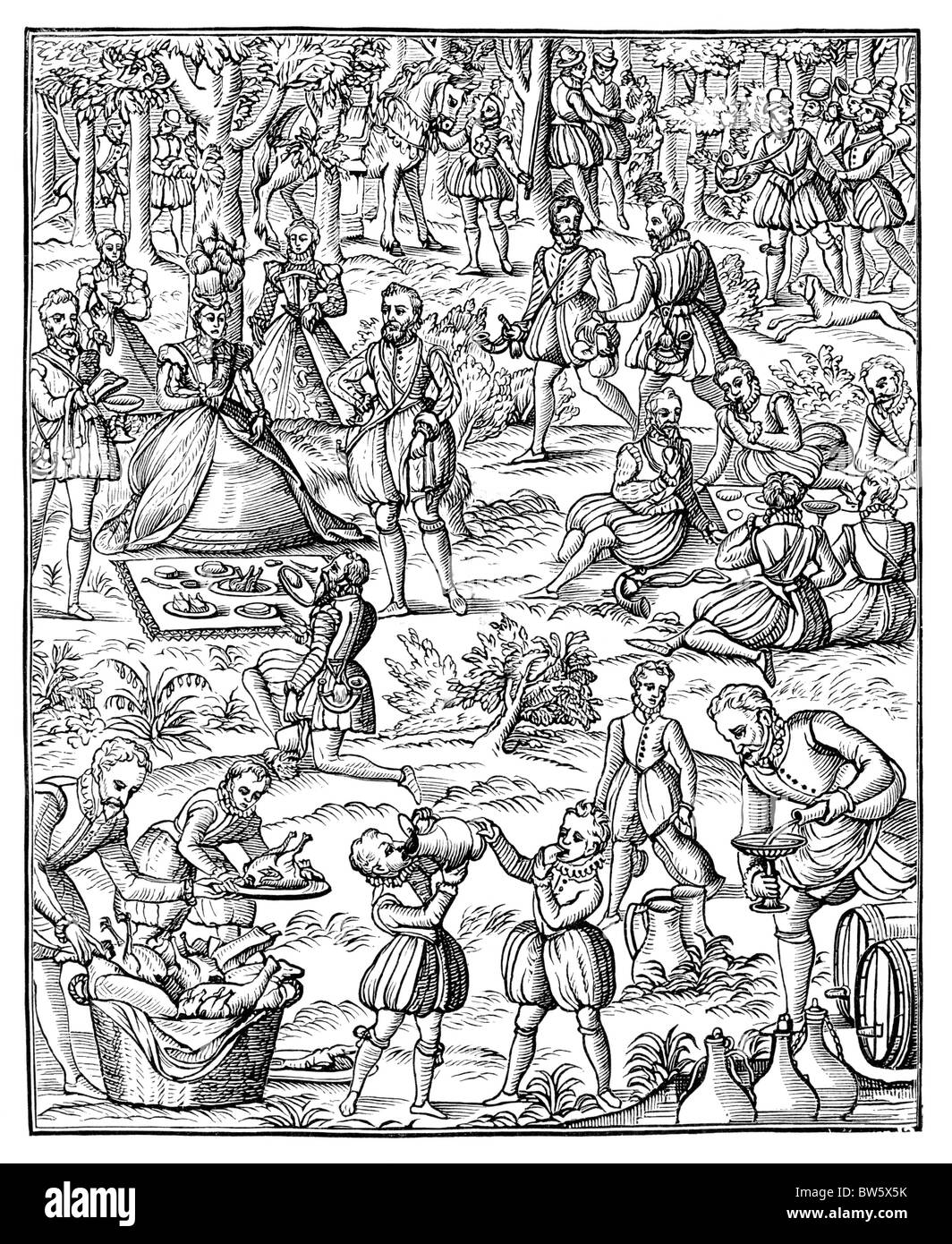Un pique-nique Royal ; La Reine Elizabeth I ; 16e siècle ; noir et blanc Illustration ; Banque D'Images