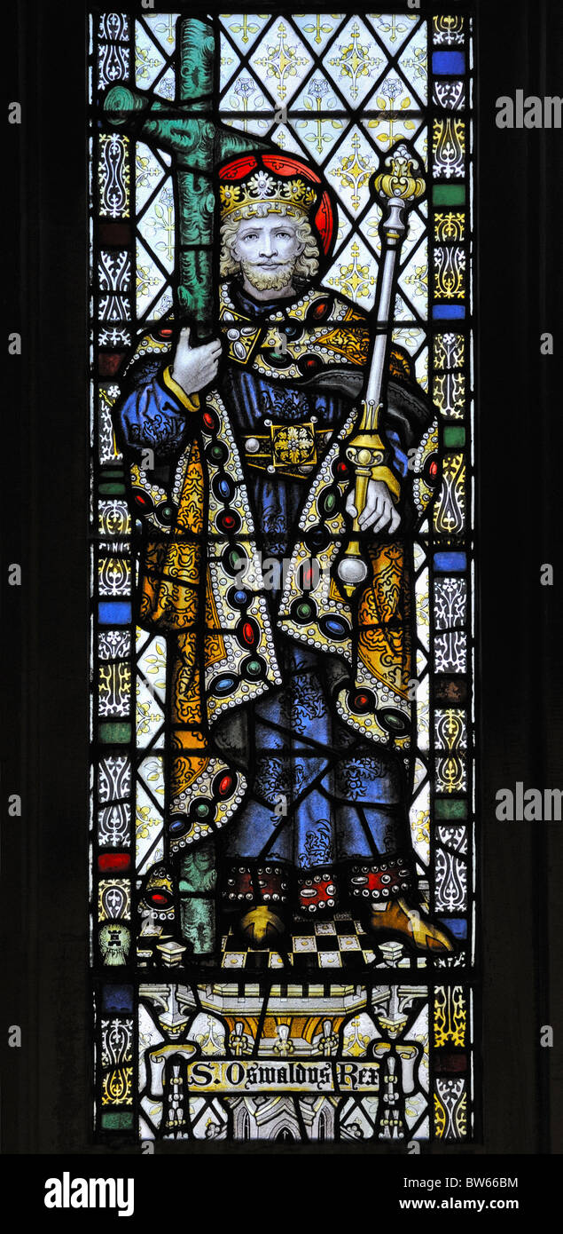 Saint Oswald, détail de la Nef côté Nord fenêtre. Église de Saint Michel. Lamplugh, Cumbria, Angleterre, Royaume-Uni, Europe. Banque D'Images