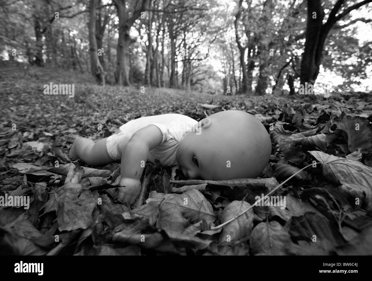 Une poupée d'enfant face vers le bas sur les feuilles tombées dans les bois. Banque D'Images