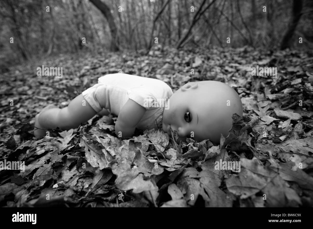 Une poupée d'enfant face vers le bas sur les feuilles tombées dans les bois. Banque D'Images Une poupée d'enfant face vers le bas sur les feuilles tombées dans les bois. Banque D'Images