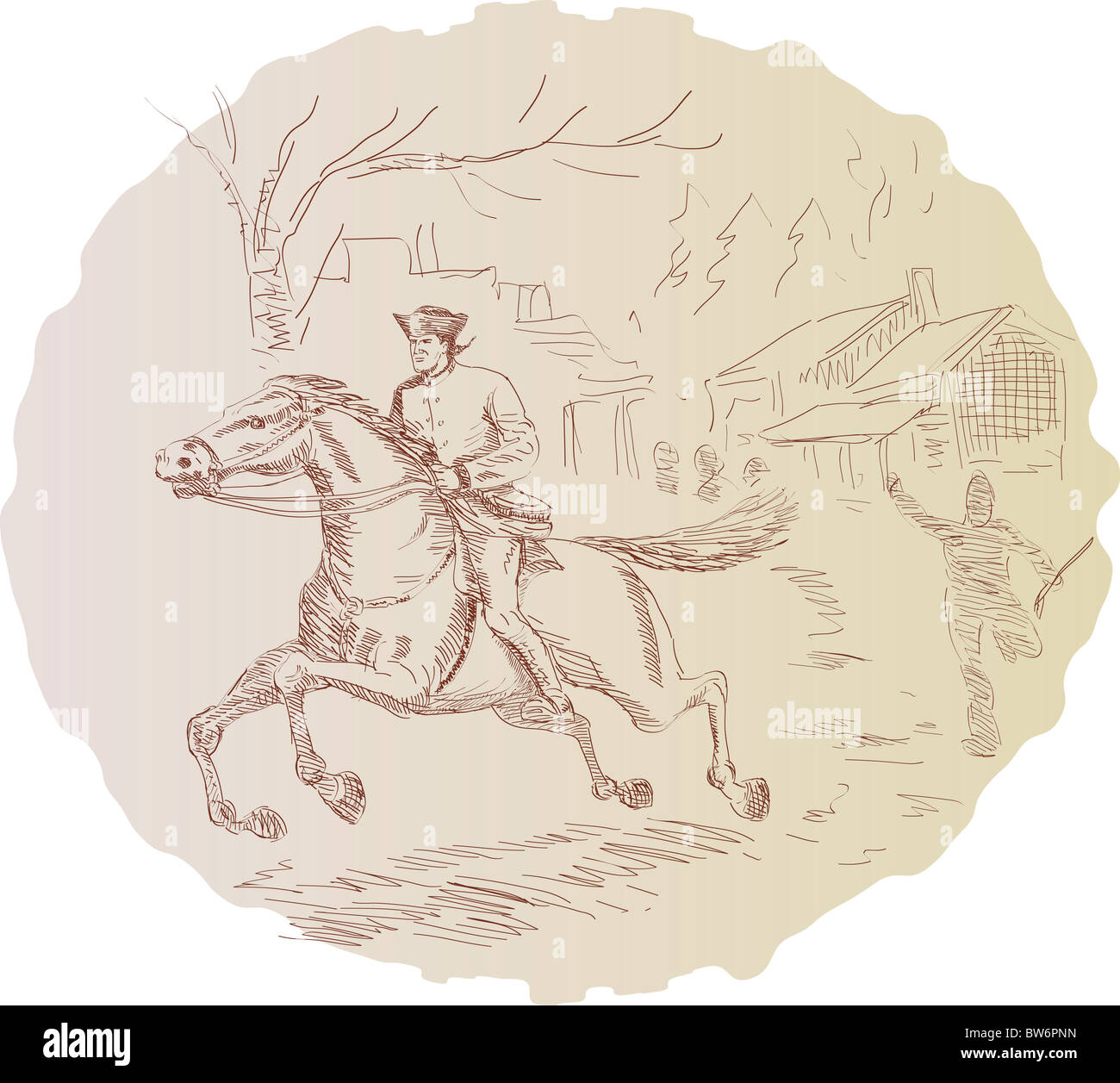 Illustration du soldat révolutionnaire américain cheval de croquis sur fond blanc vue avant Banque D'Images