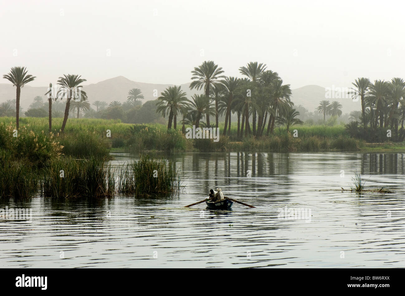 Vu Fisshermen dans une brume du matin sur le Nil au sud d'Edfou, Egypte. Banque D'Images