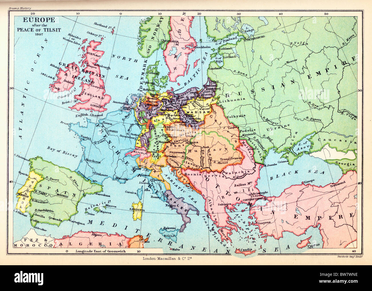 Une carte de l'Europe après la paix de Tilsit, 1807 ; illustration couleur ; Banque D'Images