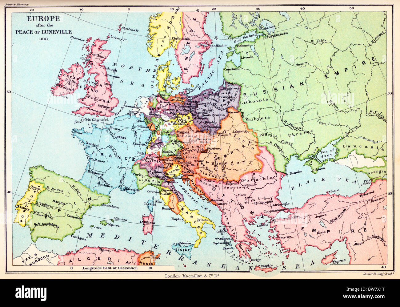 Une carte de l'Europe après la paix de Lunéville, 1801 ; illustration couleur ; Banque D'Images